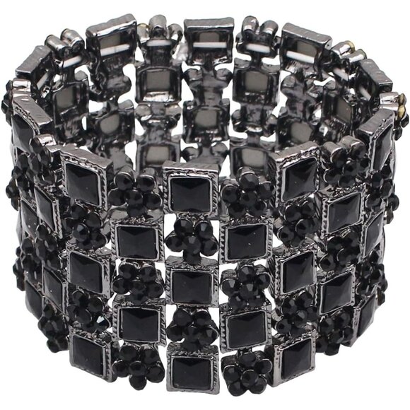 Art Deco Flower Crystal Elastic Wide Marquise Cluster Stretch Bangle Bracelet - Picture 1 of 6